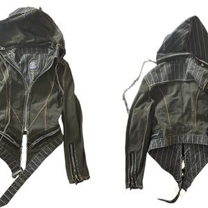 Agatha Blois Pinstripe Black denim Hooded Jacket with zipper details